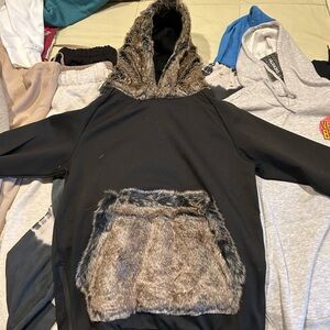 Riflessi Black Hoodie with Faux Fur Accents
